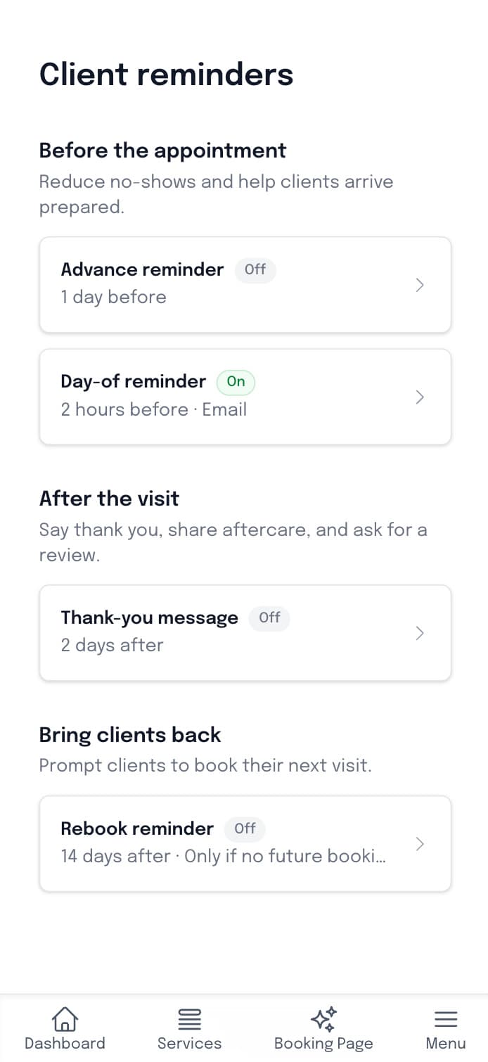 Text and email appointment reminder settings in SuiteCal mobile app for lash artists