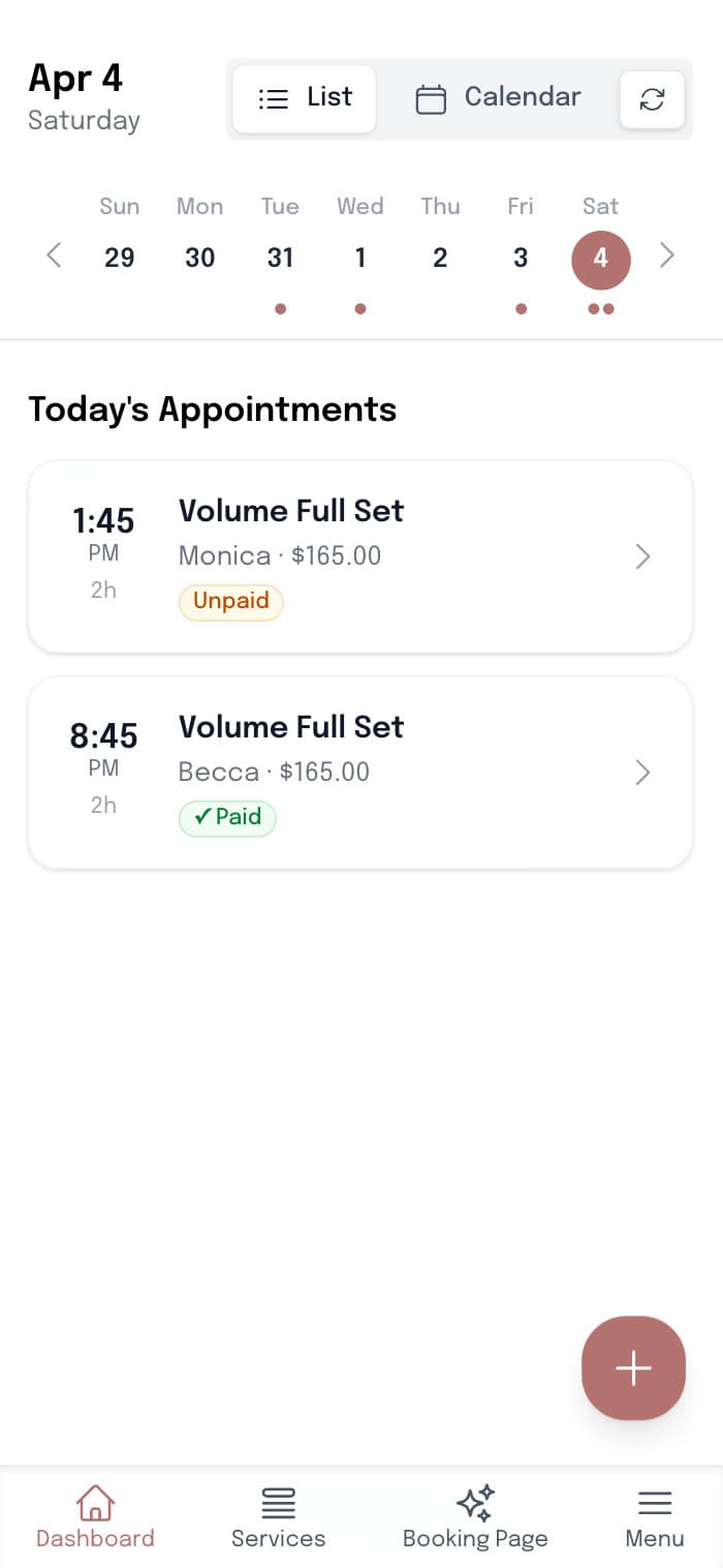 SuiteCal daily lash schedule showing today's appointments with client names, services, and prices